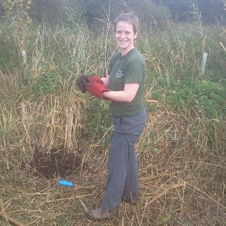 OCV volunteer Jo removing tree for transplanting, Hillside House 2014-10-18 (0705)